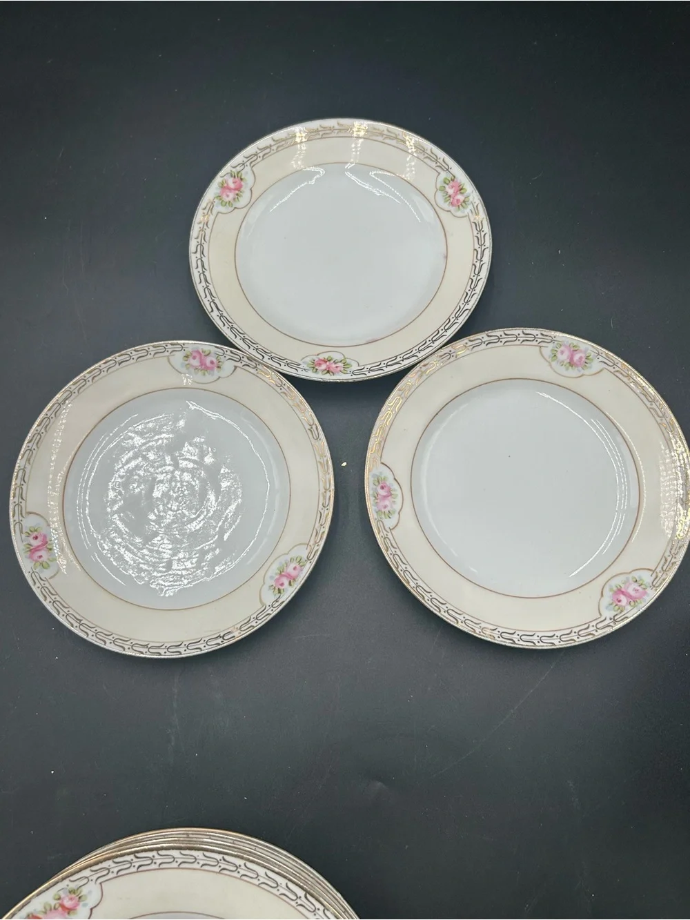 Nippon hand painted Cream and Pink Floral Rim Porcelain Plates - Set of 3